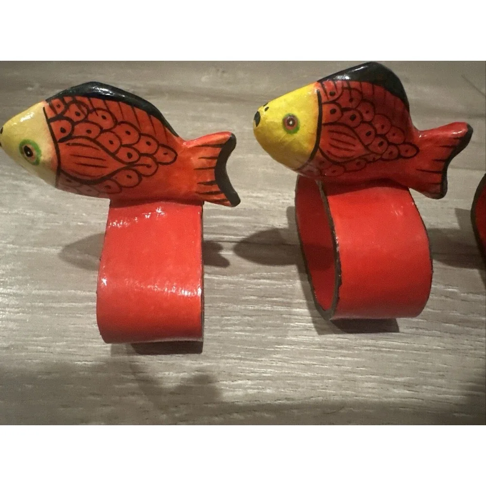 4 Vintage Red Hand Painted Wood‎ Wooden Fish Koi Napkin Ring Holders